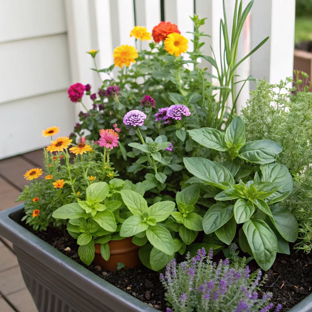 Container planting with diverse flowers and herbs