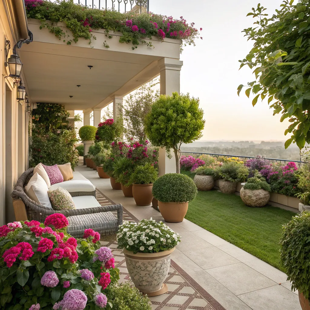 Beautiful terrace garden with potted plants and flowers