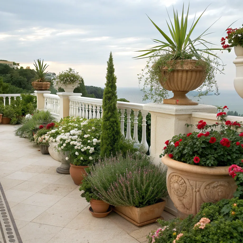 An elegant balcony garden set up with various plants and decorative pots